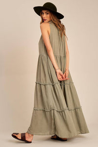 Yacamim Faded Green Ruffled Sleeveless Maxi Dress