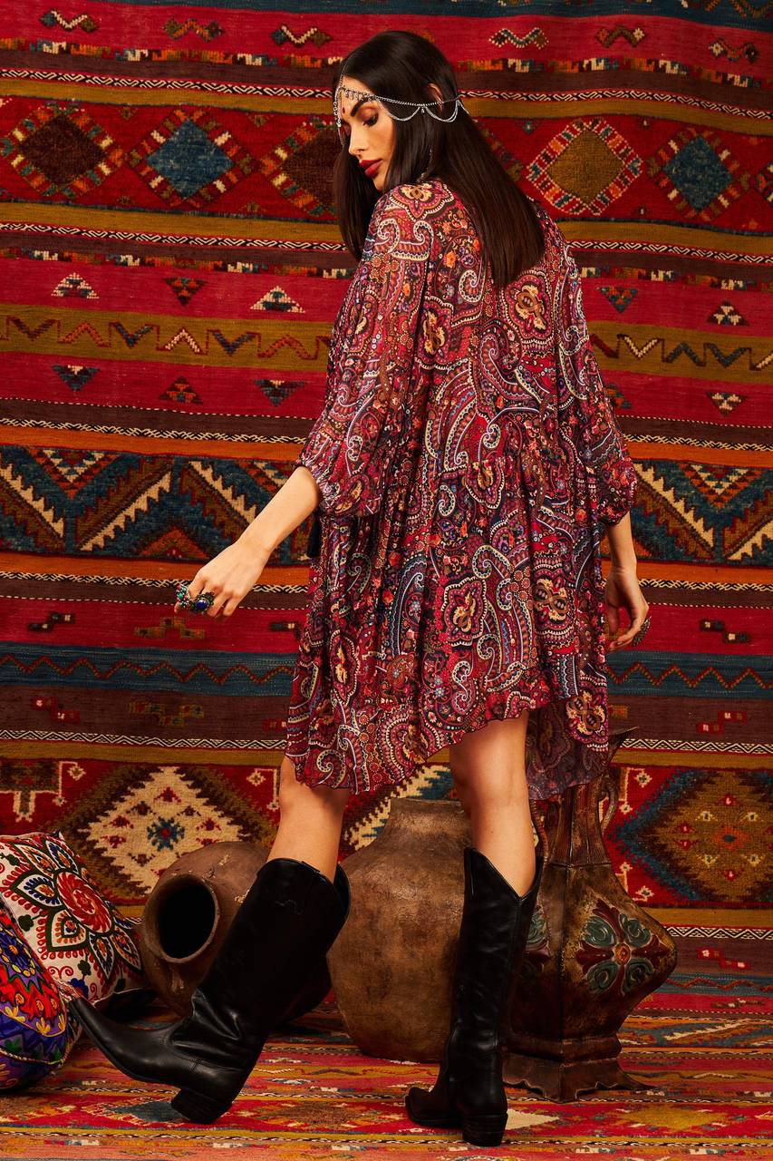 Yacamim Printed Cashmere Loose V-Neck Mullet Tunic