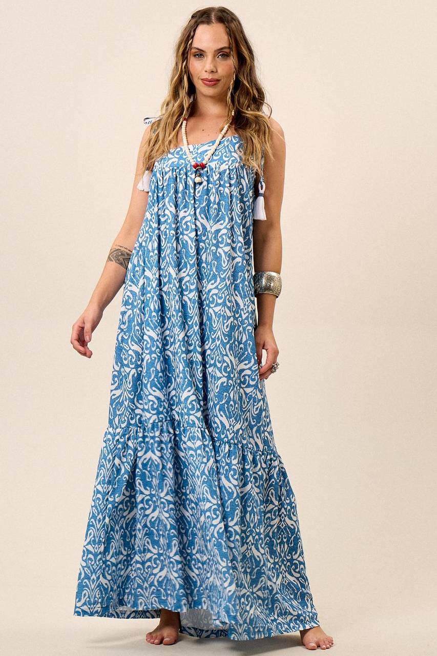 Yacamim Printed Blue Asymmetrical Cutout Strappy Maxi Dress