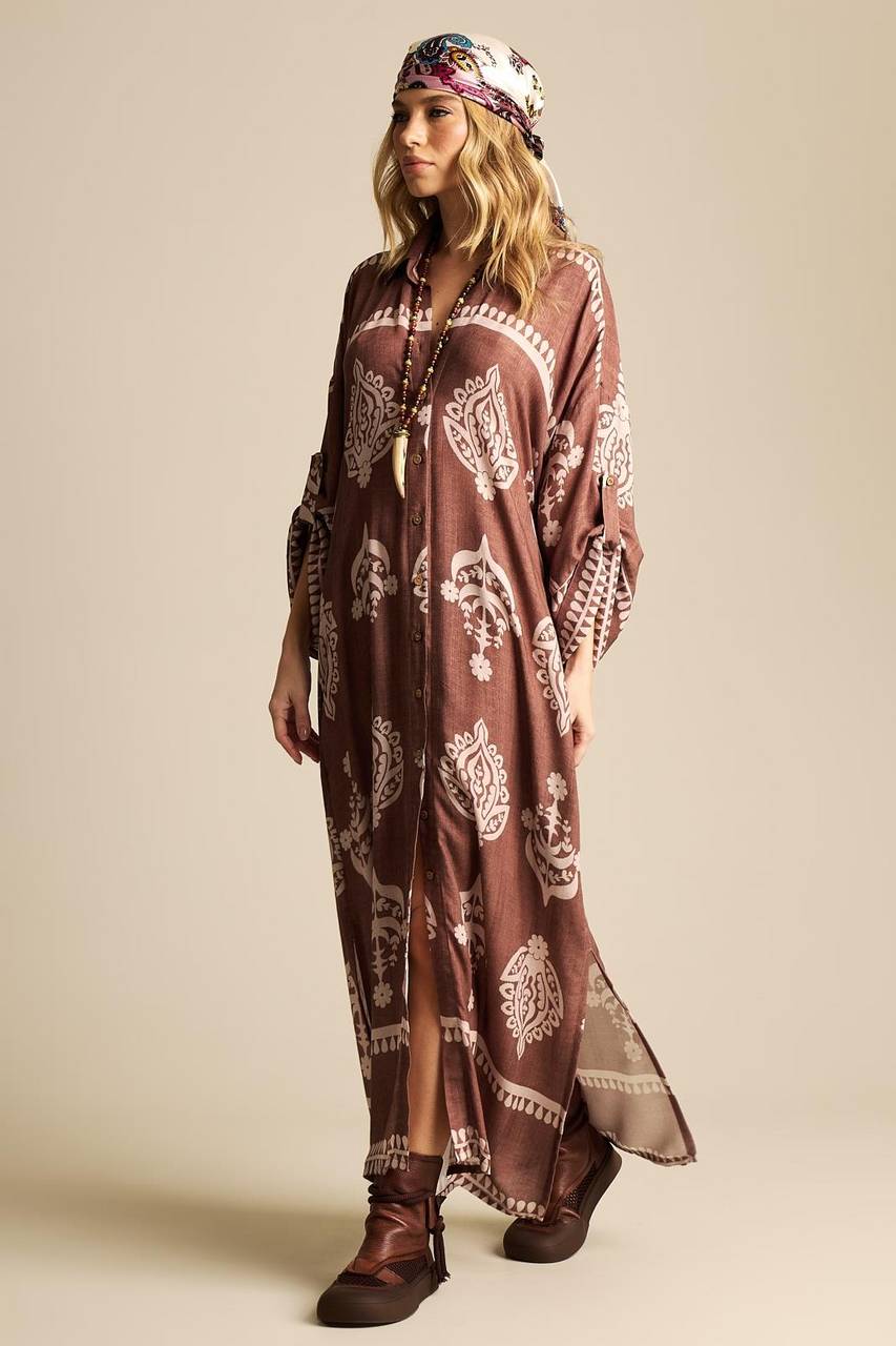Yacamim Printed Brown 3/8 Sleeve Long Shirt