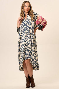 Yacamim Patchwork Print Off-White 3/4 Sleeve Loose Shirt