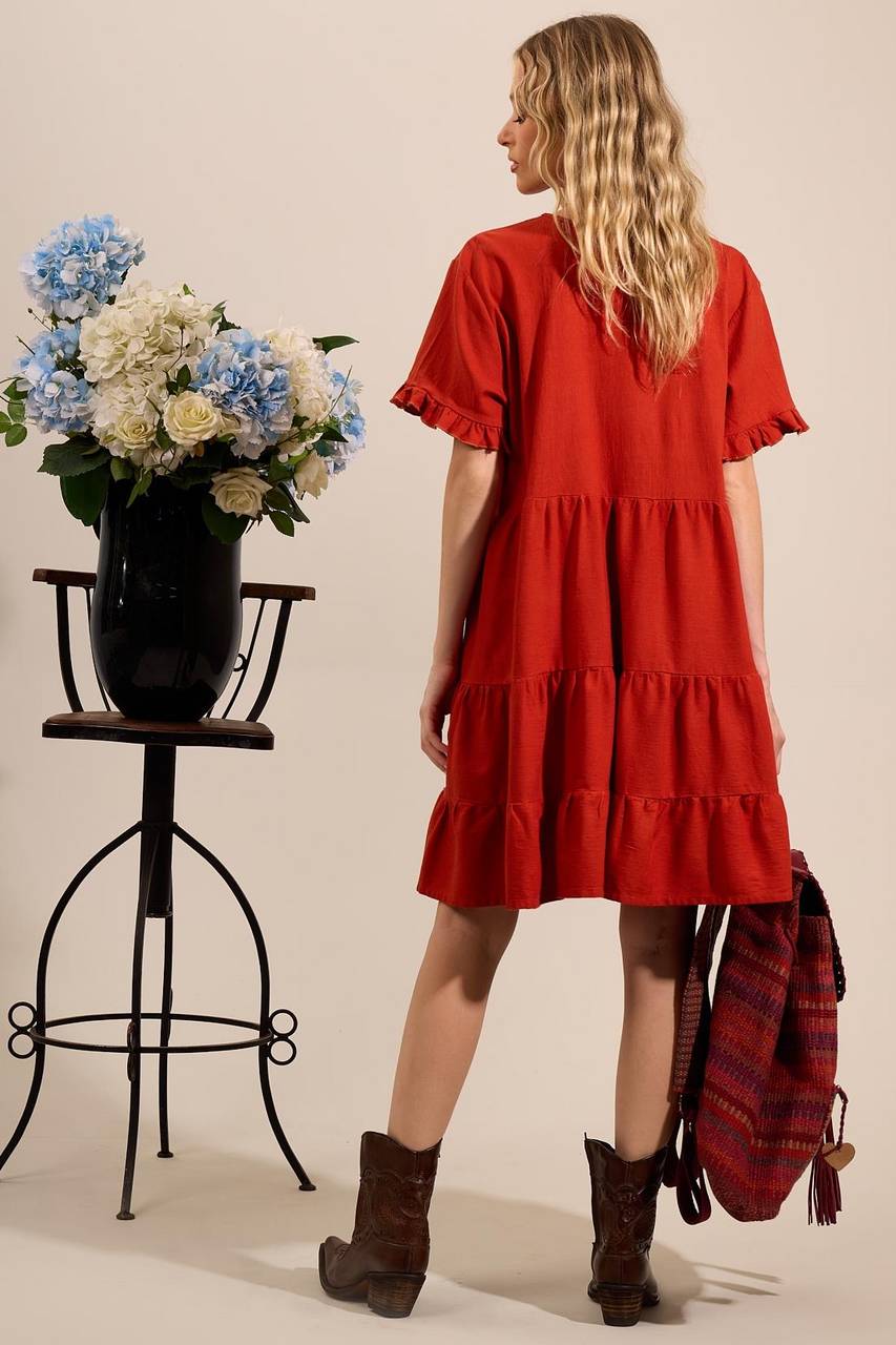 Yacamim Red Linen Short Dress with Short Sleeves and Ruffles