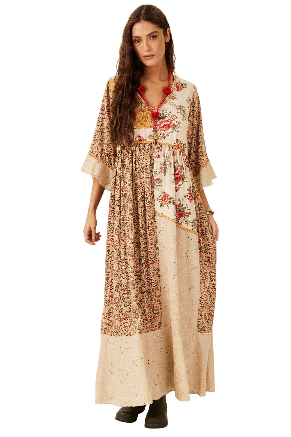 Yacamim E18 Printed Beige Jabot Dress