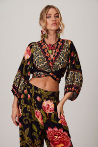 Black Printed Wrap Cropped Top with Ties Yacamim A33