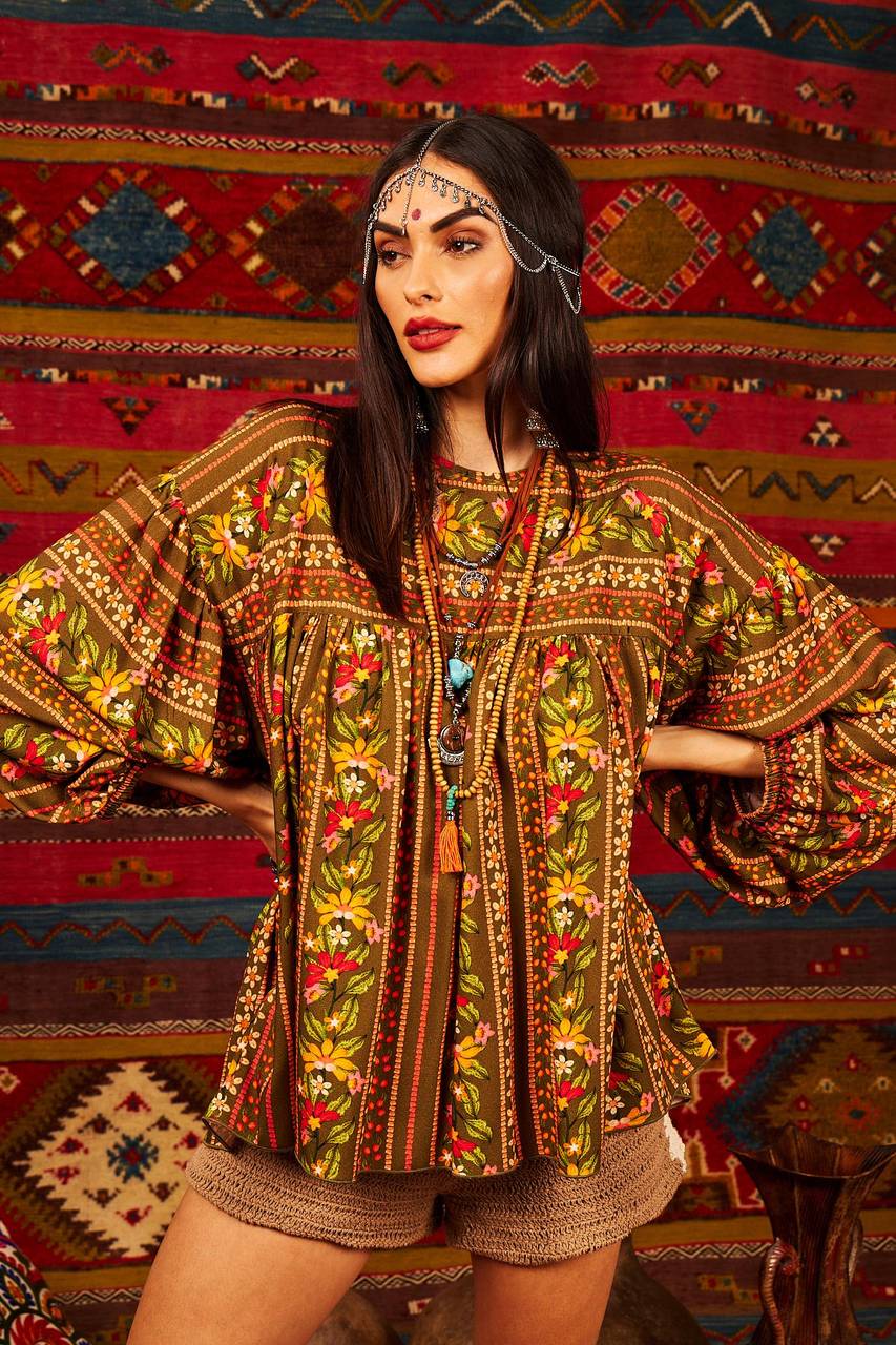 Yacamim Green Printed Long Puffy Sleeve Tunic