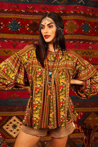 Yacamim Green Printed Long Puffy Sleeve Tunic