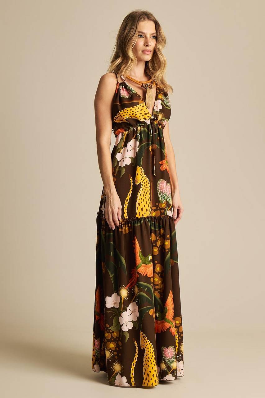 Yacamim E21 Brown Printed Long Dress with Straps
