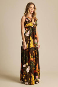Yacamim E21 Brown Printed Long Dress with Straps