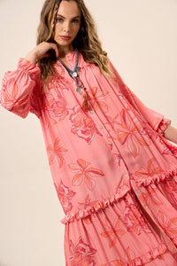 Yacamim E15 Pink Printed Long Sleeve Midi Shirt Dress