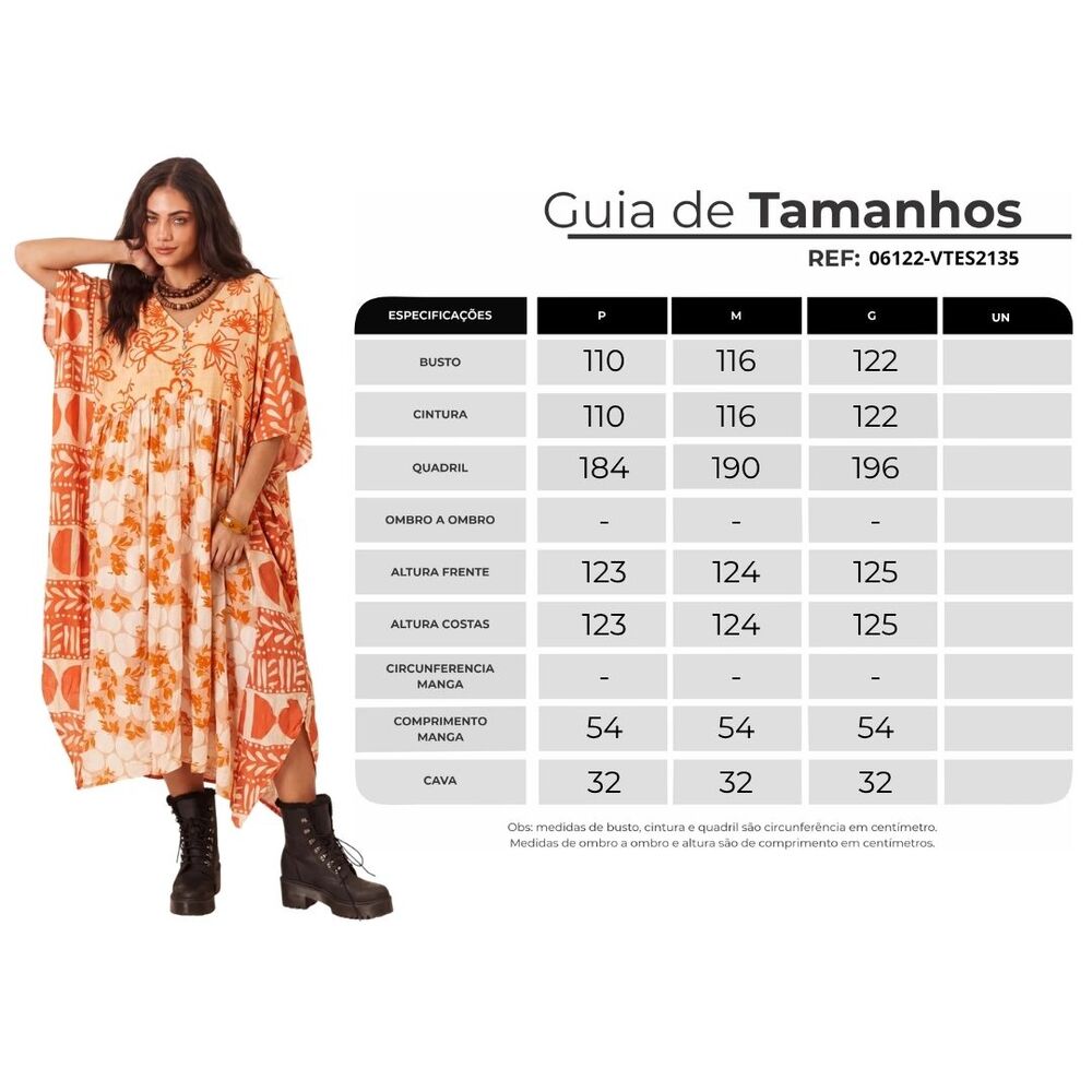 Kaftan Midi Com Manga 3/8 Laranja Patchwork