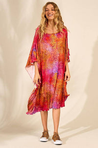 Yacamim J3 Wide Midi Kaftan with Wide Neck in Printed Pink