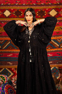 Yacamim Black V-Neck Broderie Long Dress with Puffed Sleeves