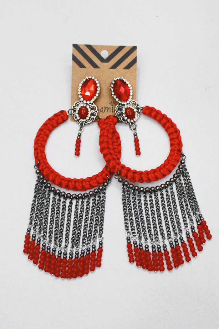 Yacamim Red Beaded and Macrame Earring #408