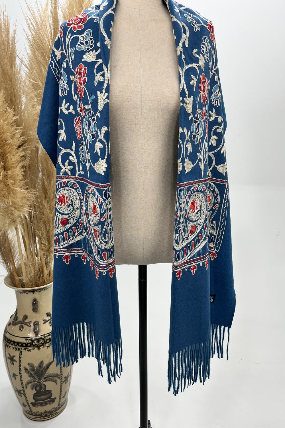 Embroidered Petrol Blue Cashmere Scarf Yacamim #238