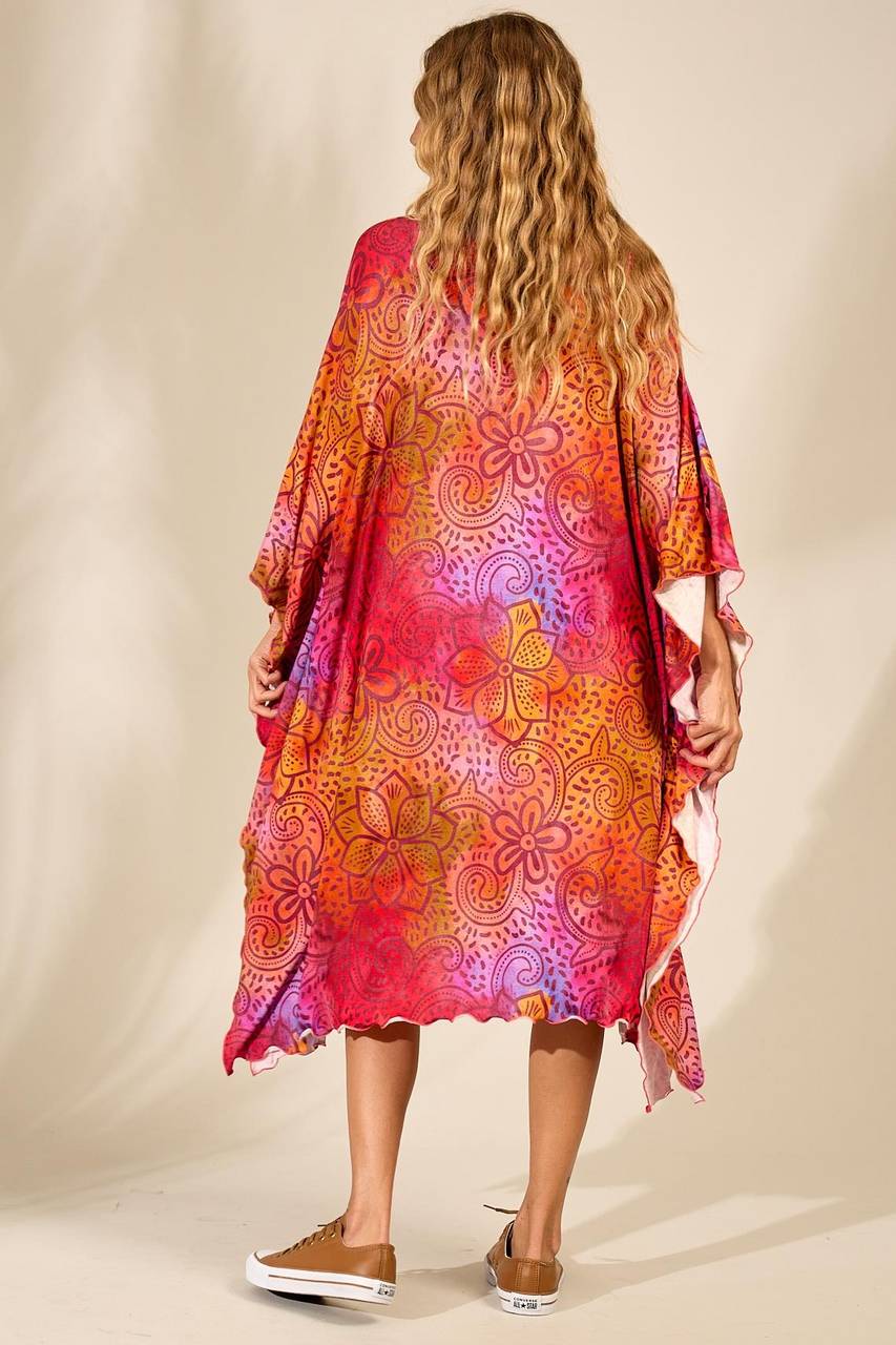 Yacamim J3 Wide Midi Kaftan with Wide Neck in Printed Pink