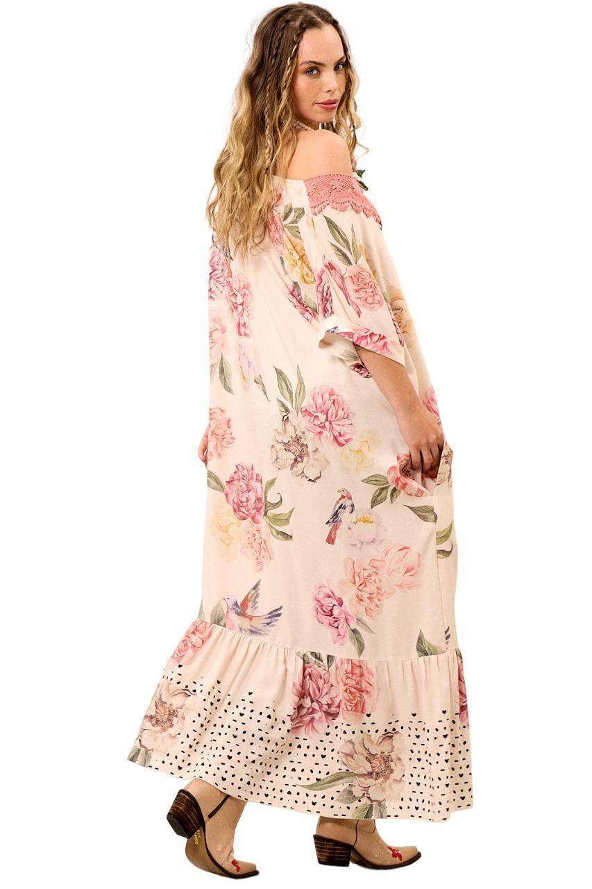Yacamim E15 Light Rosé Printed Long Dress with Lace Detail