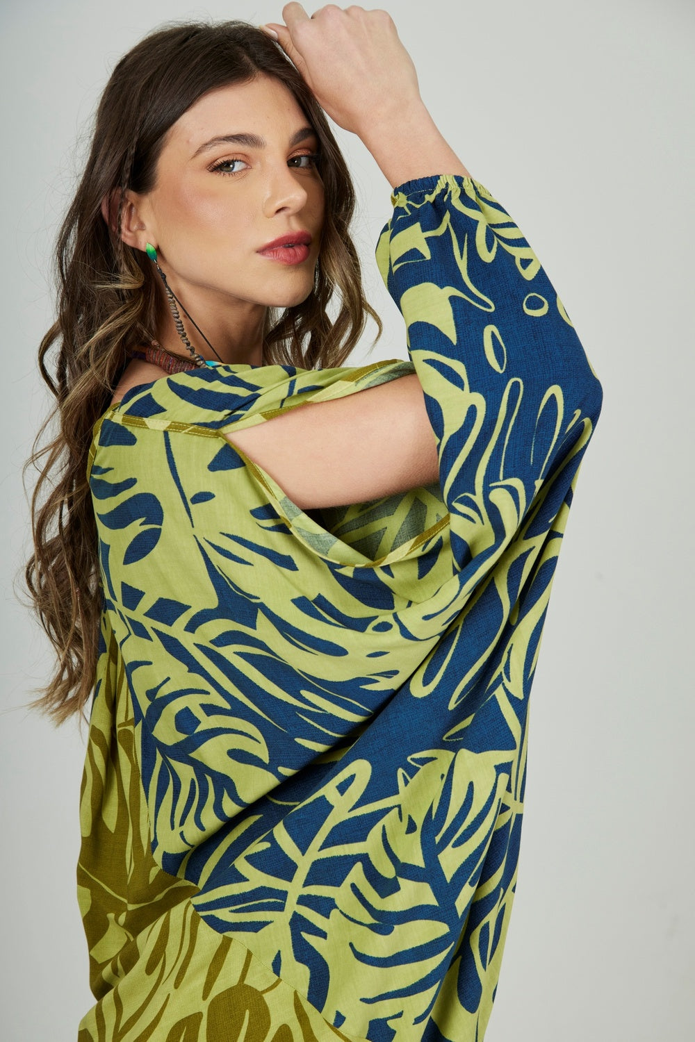 Long Green Printed Yacamim Dress with Long Sleeves E7