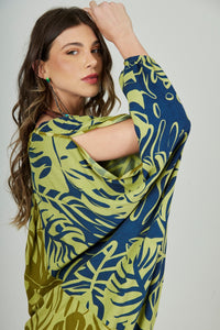 Long Green Printed Yacamim Dress with Long Sleeves E7