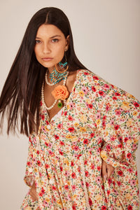Long Dress with Puffy Sleeves Beige Printed Yacamim C14