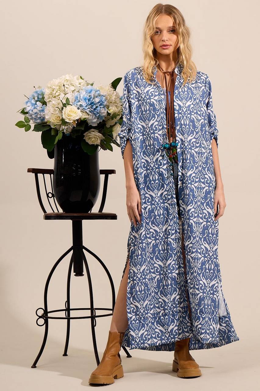 Yacamim N4 Blue Printed Long Shirt Dress with Slits