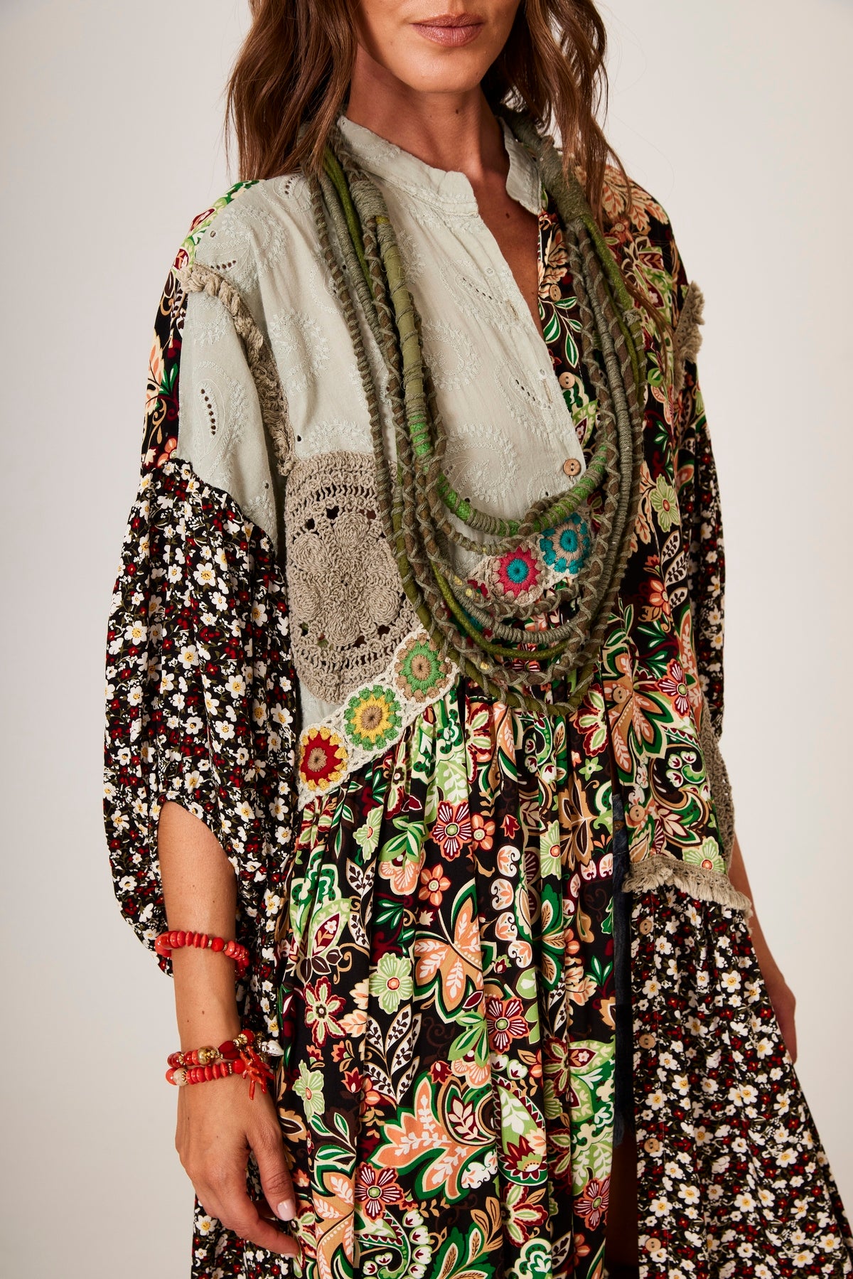 Yacamim K8 Green Patchwork Print Long Shirt Dress
