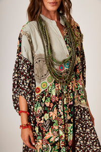 Yacamim K8 Green Patchwork Print Long Shirt Dress
