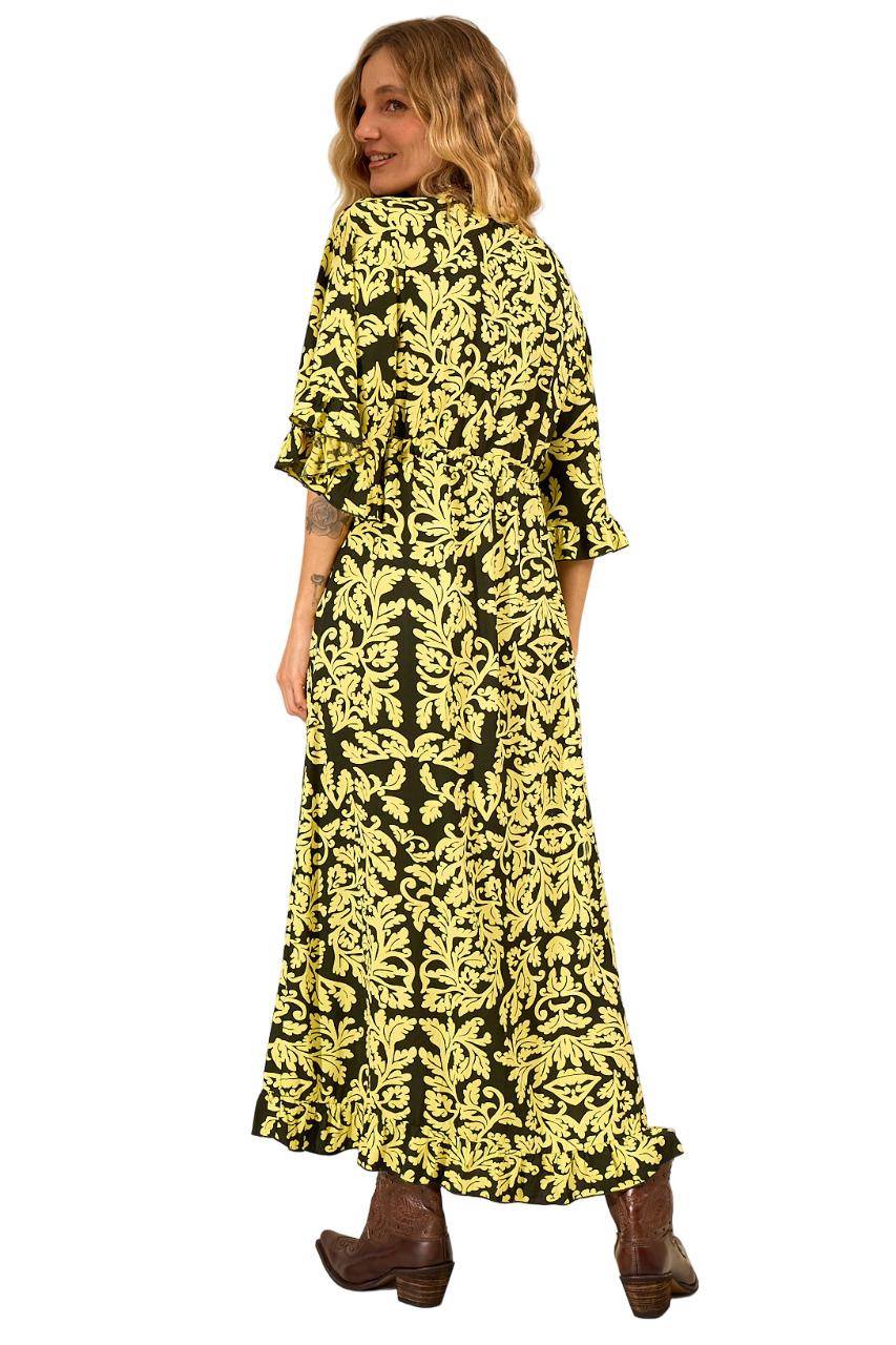 Yacamim C1 Printed Green Long Dress With 3/4 Wide Sleeves