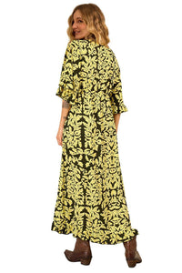 Yacamim C1 Printed Green Long Dress With 3/4 Wide Sleeves