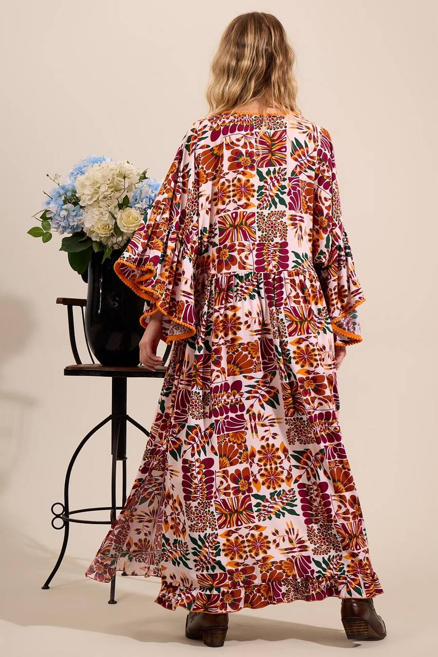 Yacamim Printed Beige and Burgundy Long Dress with Flare Sleeves