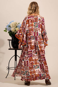 Yacamim Printed Beige and Burgundy Long Dress with Flare Sleeves