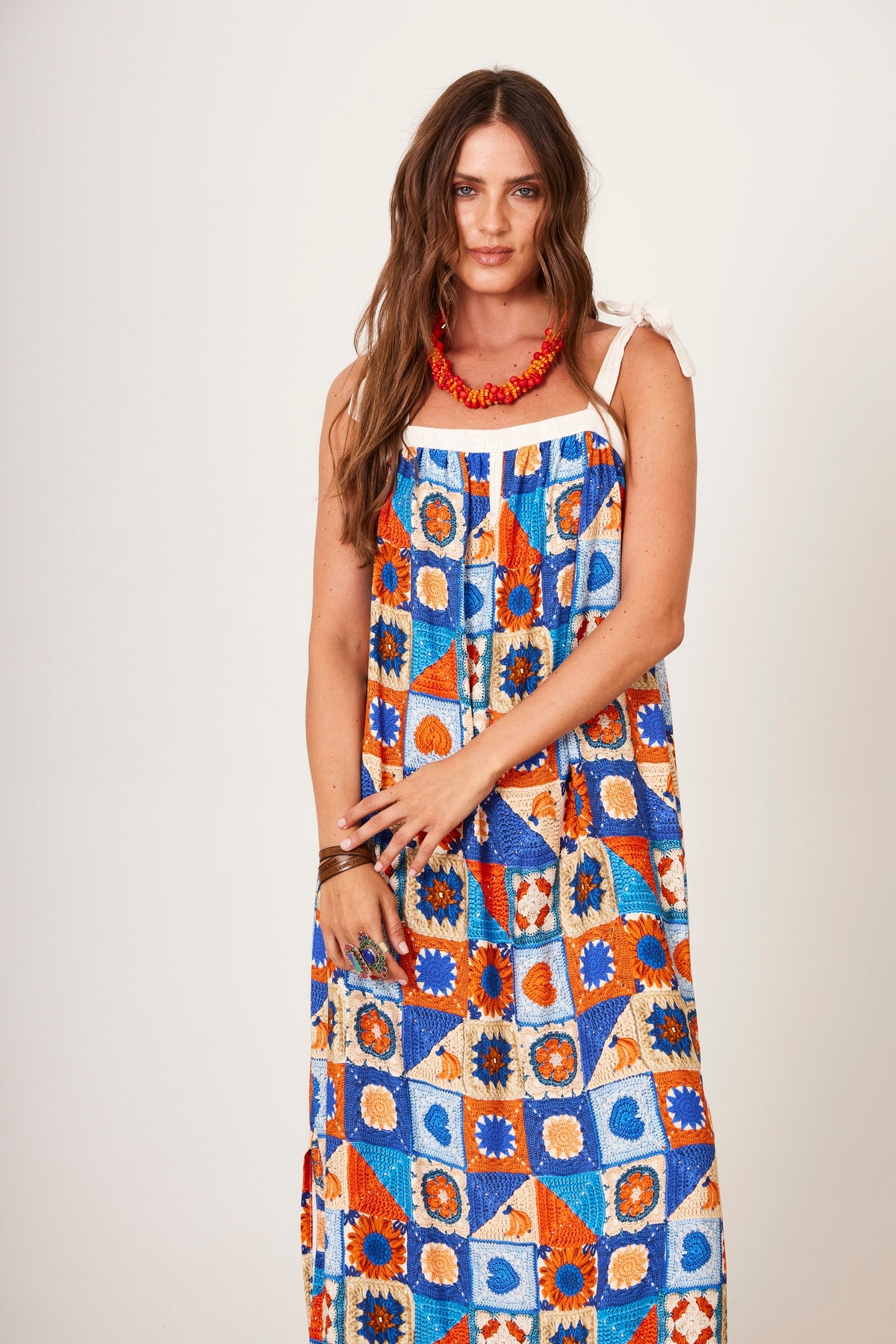 Yacamim C17 Geometric Print Long Dress With Tie Straps