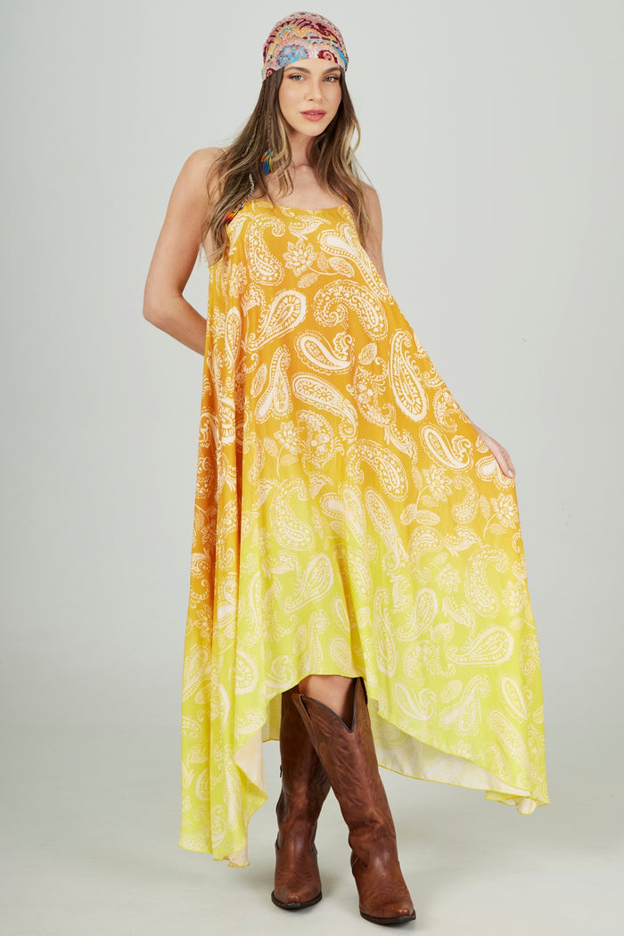 Yacamim D21 Yellow Ombre Paisley Flowy Maxi Dress