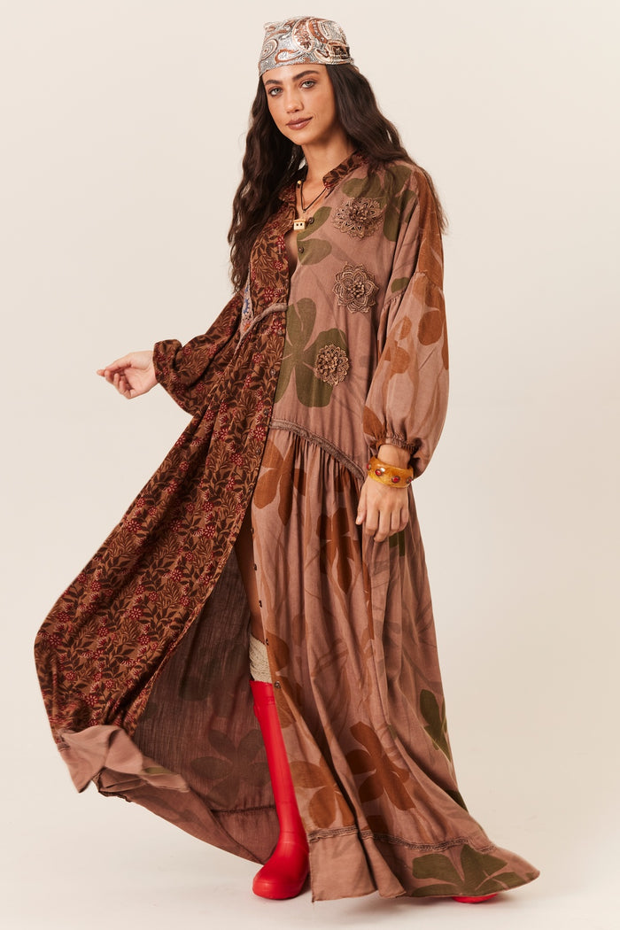 Vestido Longo Amplo Com Flores Bordadas Marrom Patchwork Yacamim D8