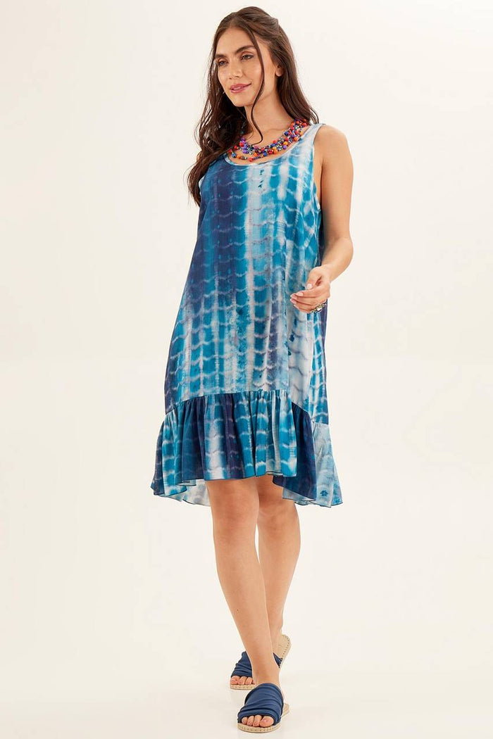Yacamim Blue Digital Print Tie-Dye Tank Dress