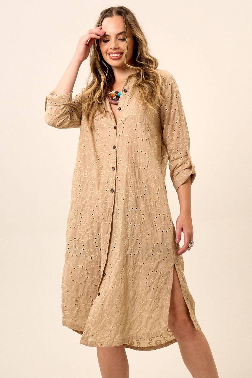 Dark Beige Embroidered Midi Shirt Yacamim N2