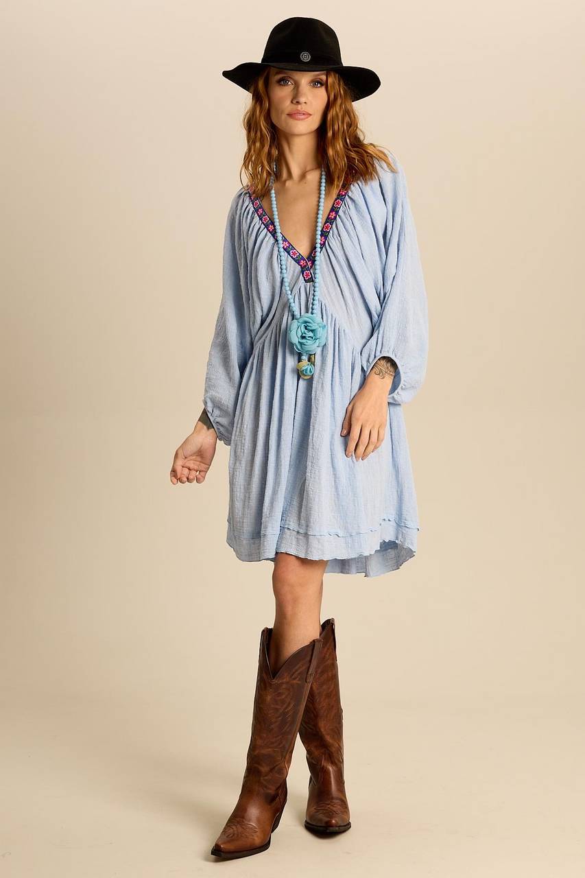 Light Blue Yacamim Short Dress with V-Neck and Long Puff Sleeves E6