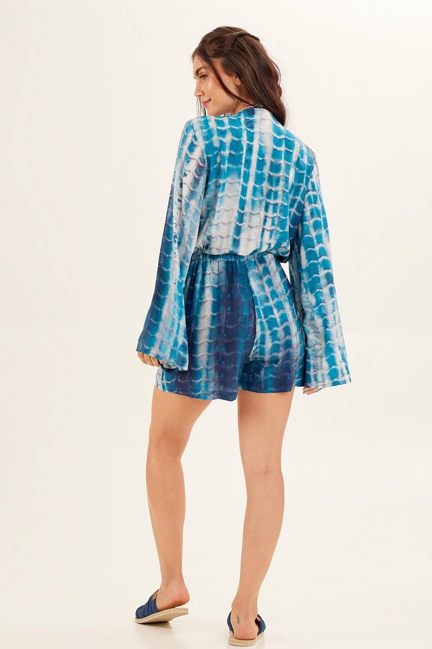 Women's Blue Digital Tie Dye Front Tie Romper Yacamim