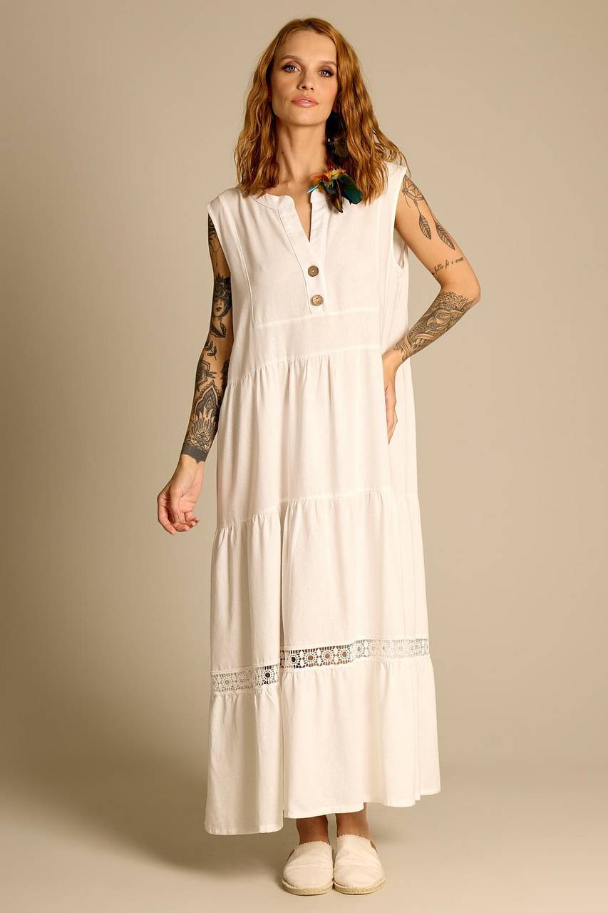 Yacamim Women's White Sleeveless Linen Midi Dress D4