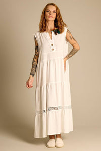 Yacamim Women's White Sleeveless Linen Midi Dress D4