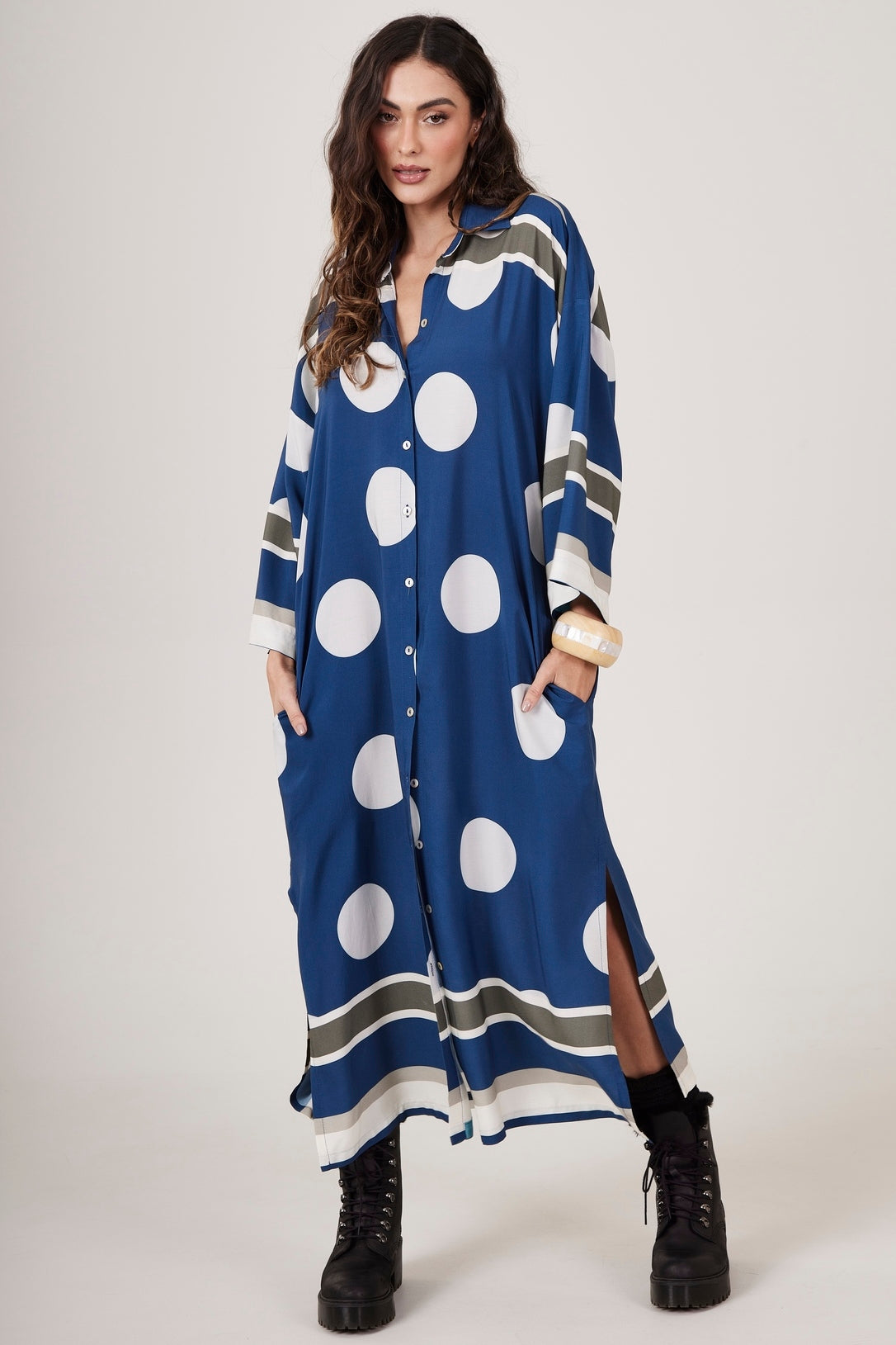 Yacamim N8 Dark Blue Polka Dot Print Loose Midi Shirt