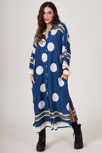 Yacamim N8 Dark Blue Polka Dot Print Loose Midi Shirt