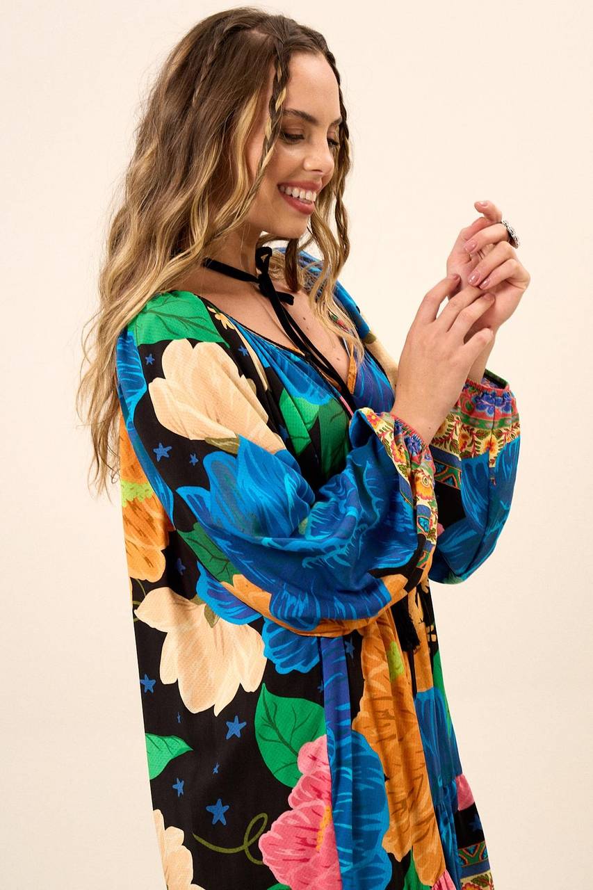 Yacamim Blue Printed Short Dress With Puffy Long Sleeves