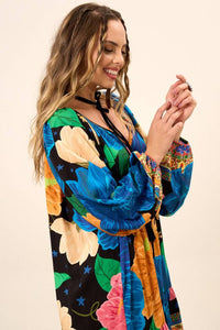 Yacamim Blue Printed Short Dress With Puffy Long Sleeves