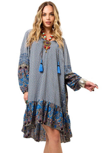 Yacamim Blue Patchwork Short Dress with Puffy Long Sleeves
