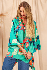 Bata Ampla Com Pontas Verde Estampado Yacamim