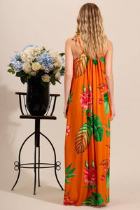 Yacamim Printed Orange Long Dress with Tie Straps