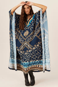 Wide Kaftan with Paisley Blue Yacamim J8 Neckline