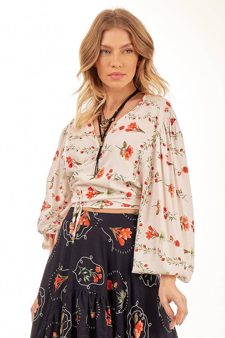 Yacamim Off-White Printed Long Puff Sleeve Wrap Cropped Top
