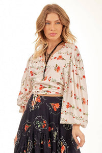 Yacamim Off-White Printed Long Puff Sleeve Wrap Cropped Top