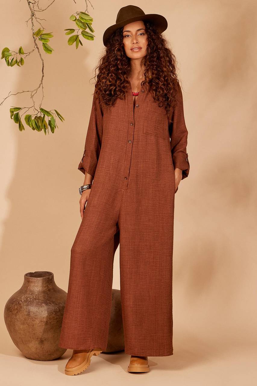 Yacamim Brown Long Pantaloon Jumpsuit with Folded Sleeves